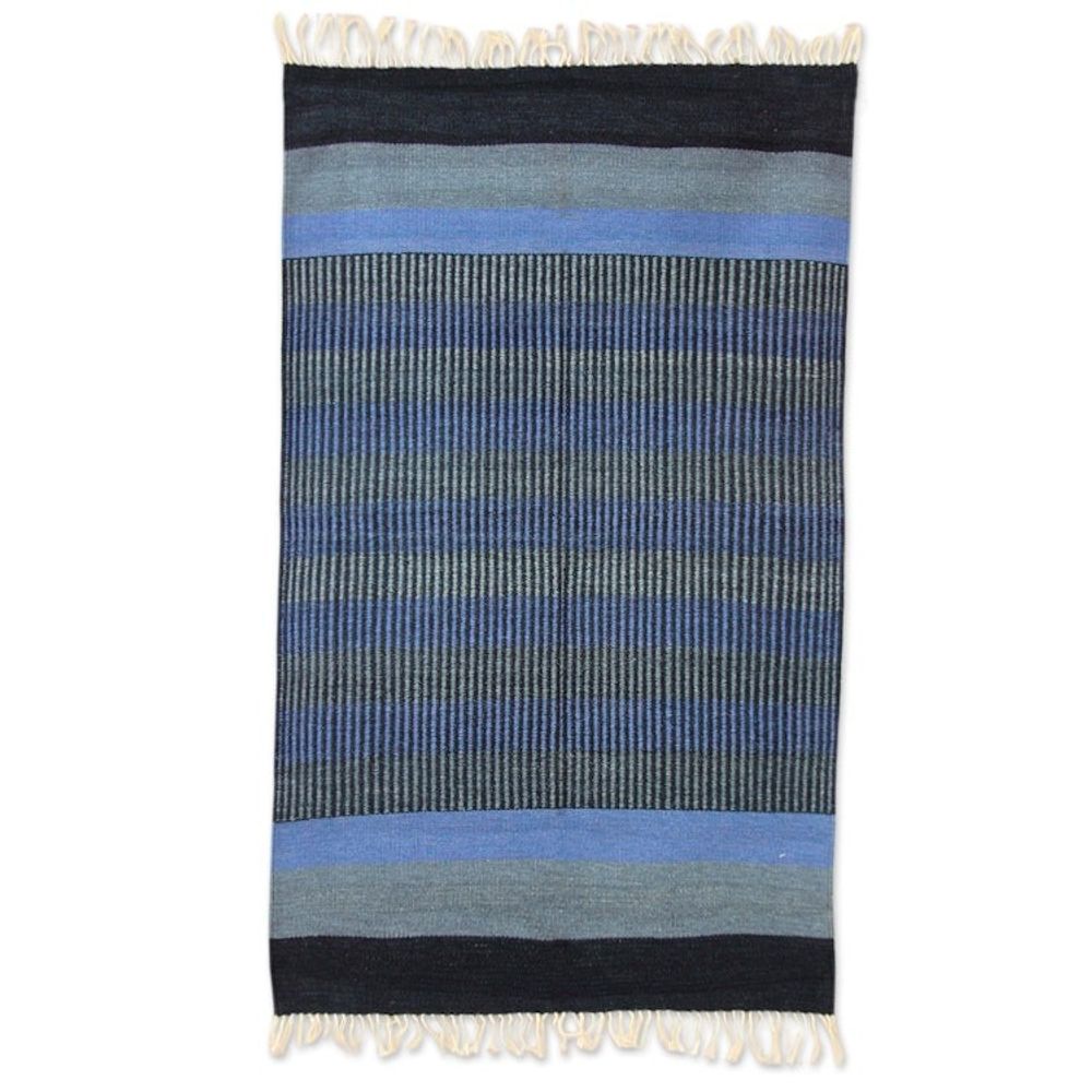 3 by 5 Foot Handwoven Blue Cotton Rug from India 'Blue Shadow Harmony'