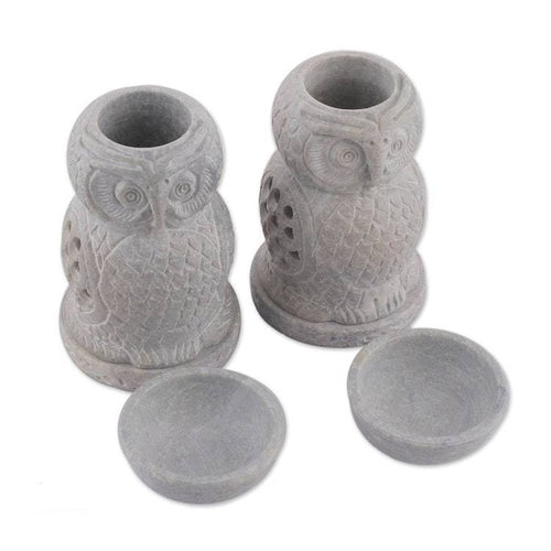 2 Owl-Shaped Jali Openwork Soapstone Oil Warmers from India 'Fragrance of Love'